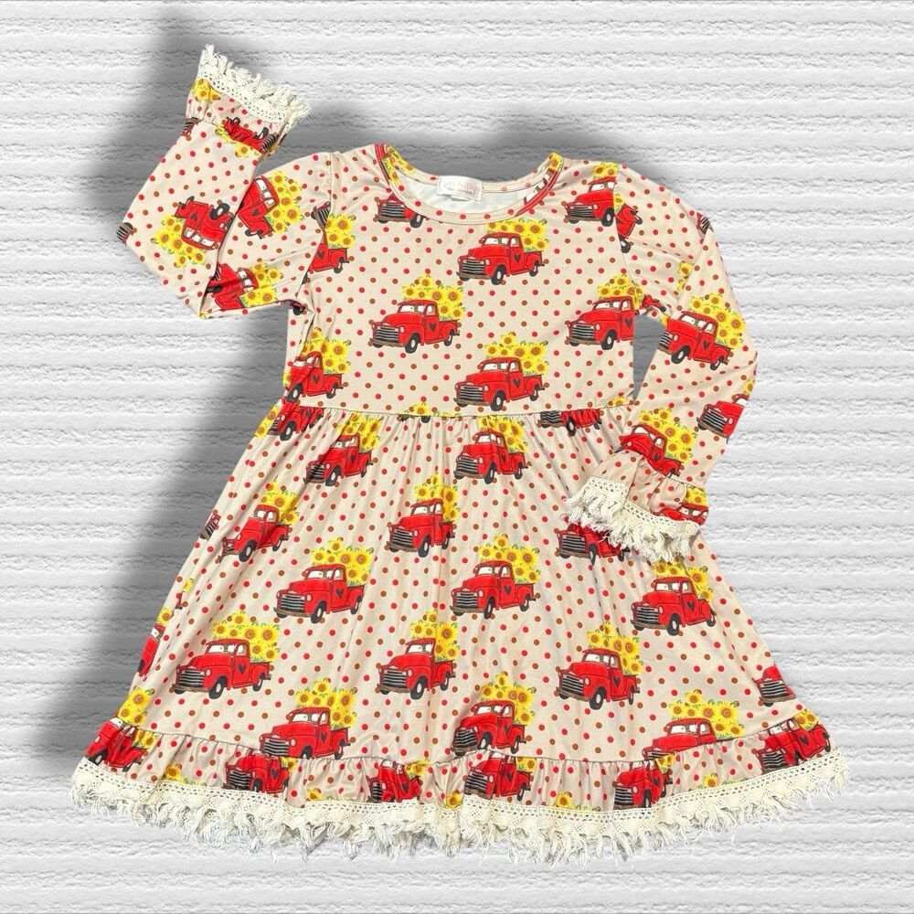 Red Truck Twirl Dress Holiday Christmas Fall Sunflower Size 6-7 Lace Long Sleeve